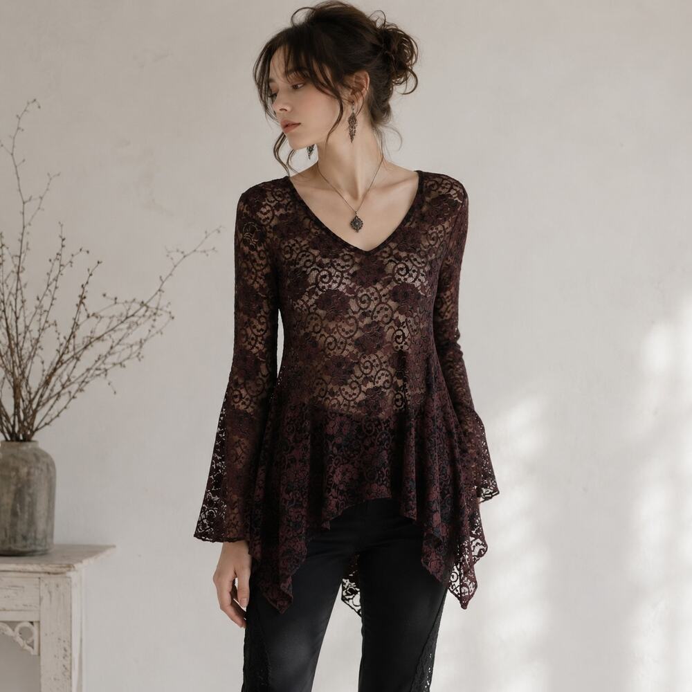 Dor dor Black Brown Lace Sheer Floral Long Sleeve Whimsigoth  Top Small
